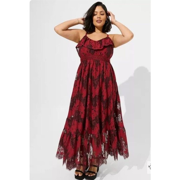 Torrid Red Black Smocked Floral Lace Tiered Midi Dress Whimsigoth Romantic 3X - Picture 1 of 12